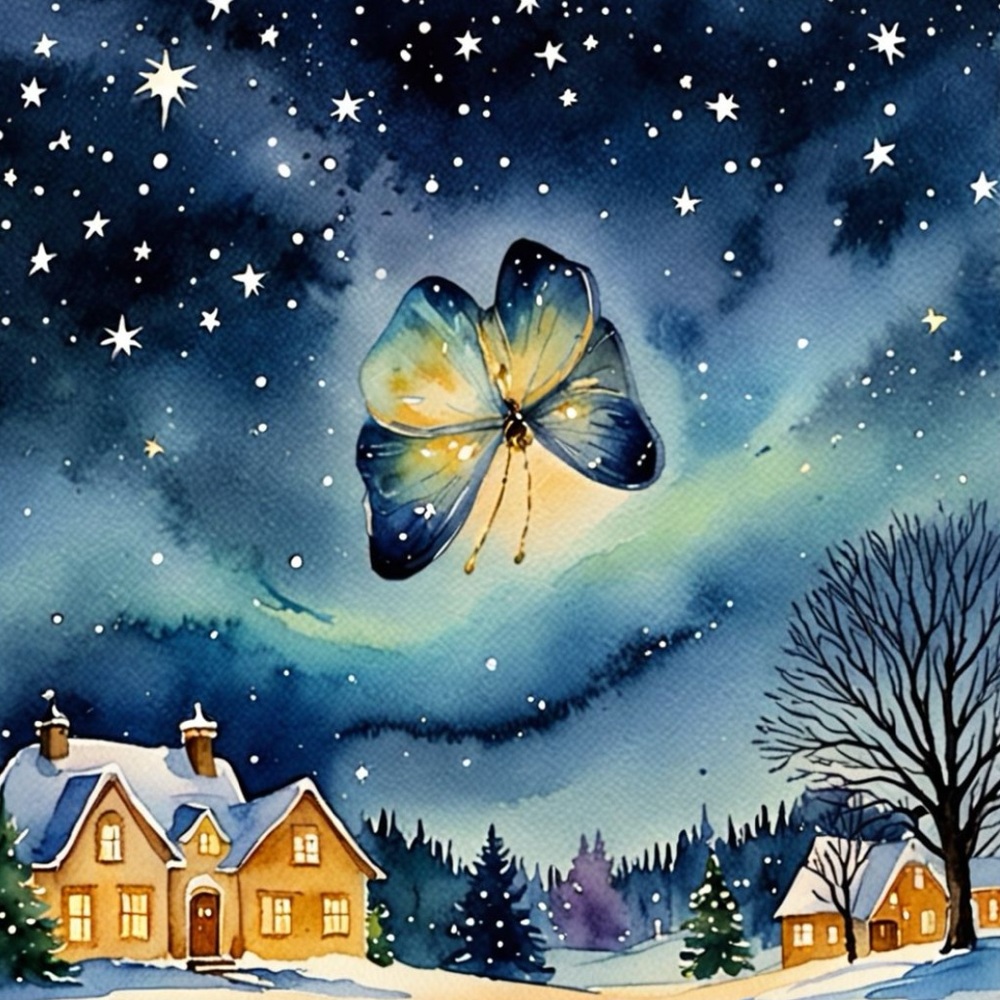 7.5 inch square glowing butterfly village scene art print
